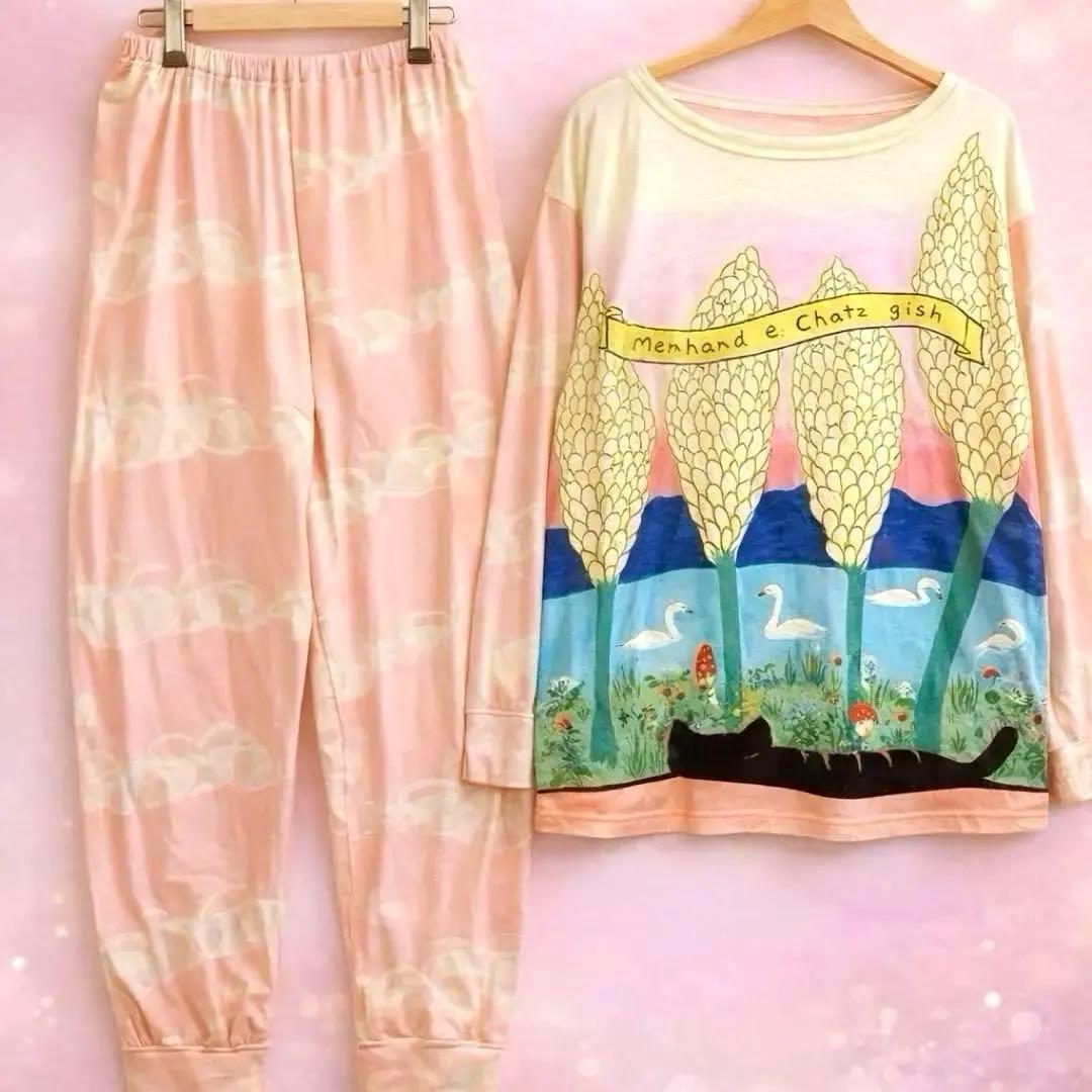 美品】 ツモリチサトSLEEP ワコール 綿 パジャマ M 白鳥 黒猫 ピンク