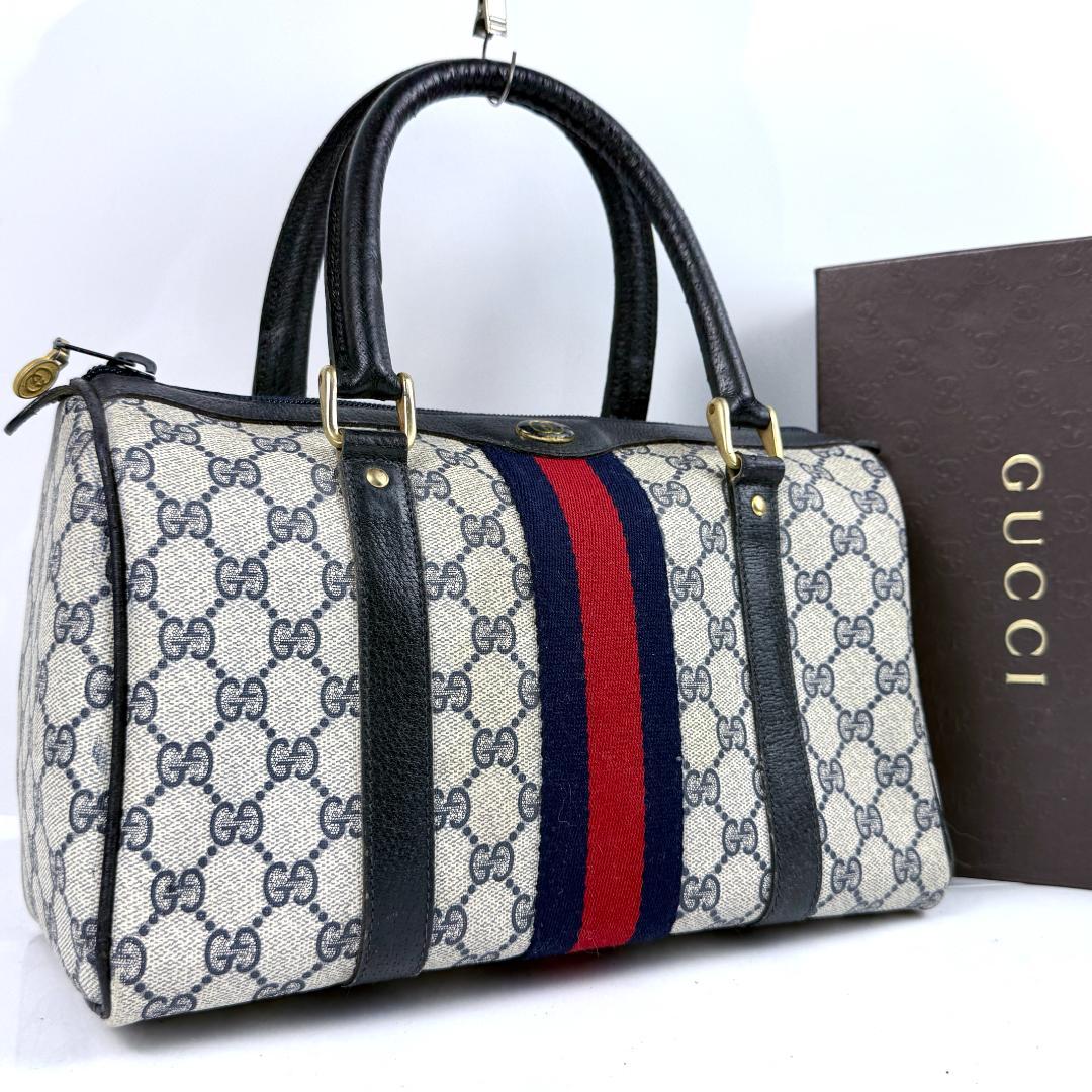 オールドグッチ ミニボストンバッグ GGスプリーム シェリーライン 紺色