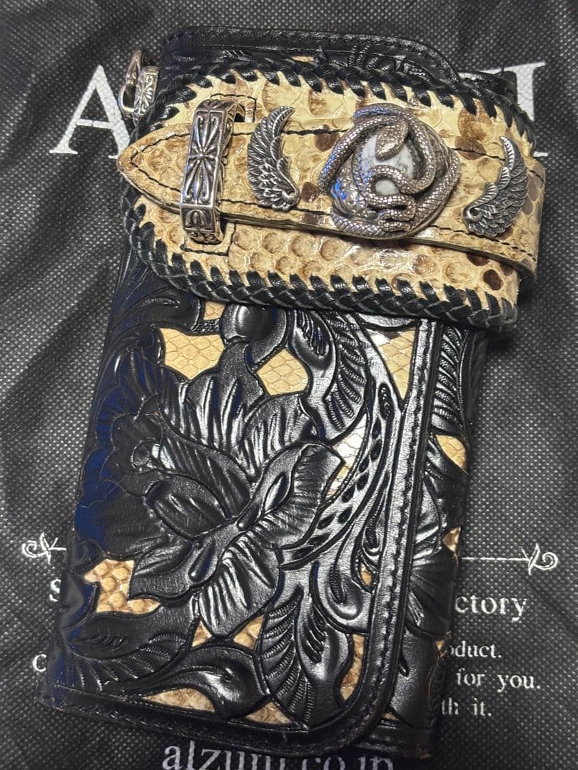 ALZUNI カスタムバイカーズウォレット　パイソン ALZUNI アルズニ パイソン 蛇 レザー 長財布 カービングウォレット 花