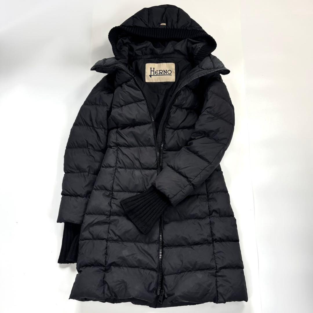 ヘルノ ポーラテック リブニット ダウンコート ロング ブラック 38