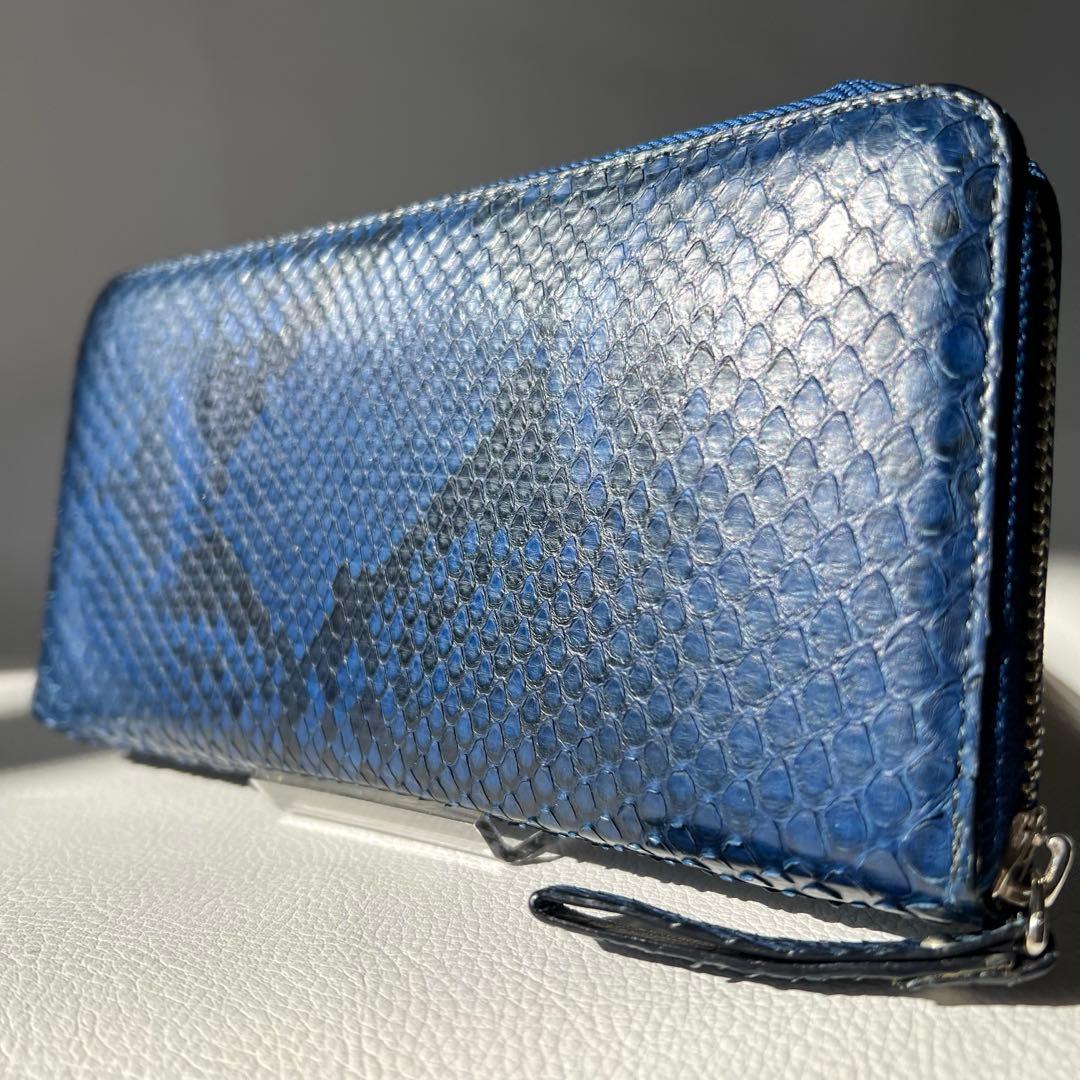 未使用級/本ヘビ革 ✨リアルパイソン 長財布 ラウンドジップ JRAタグ ブルー