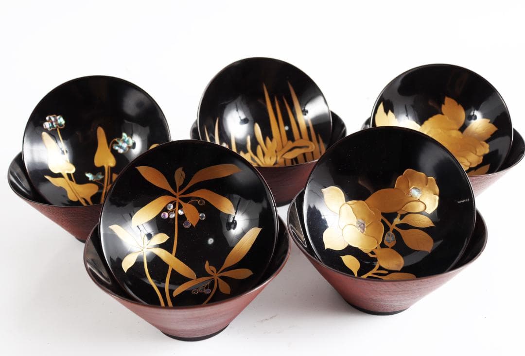 糸目 内梨地 螺鈿 花 図替 吸物椀 五客 蒔絵椀 懐石道具③ 天然木製漆塗 輪島塗 梅蒔絵 吸物椀 5客セット 蒔絵師信斎 塗師静峰