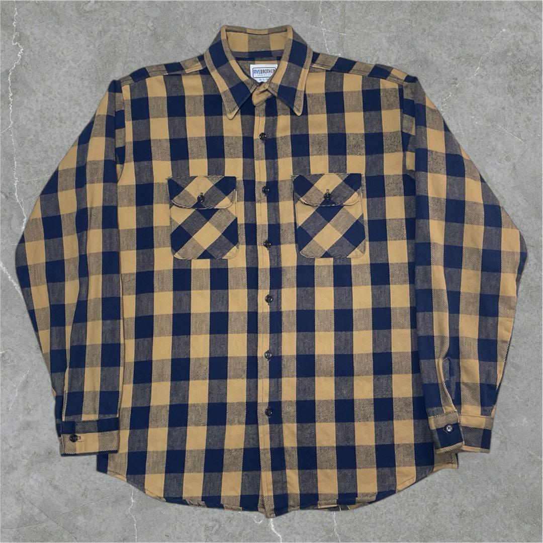 好配色 70s FIVE BROTHERネルシャツ 黄紺 USA製 L ヘビネル