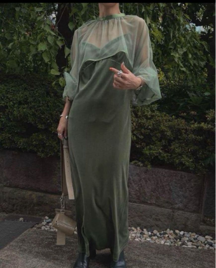 Ameri MANY WAY TULLE VEIL DRESS オリーブグリーン