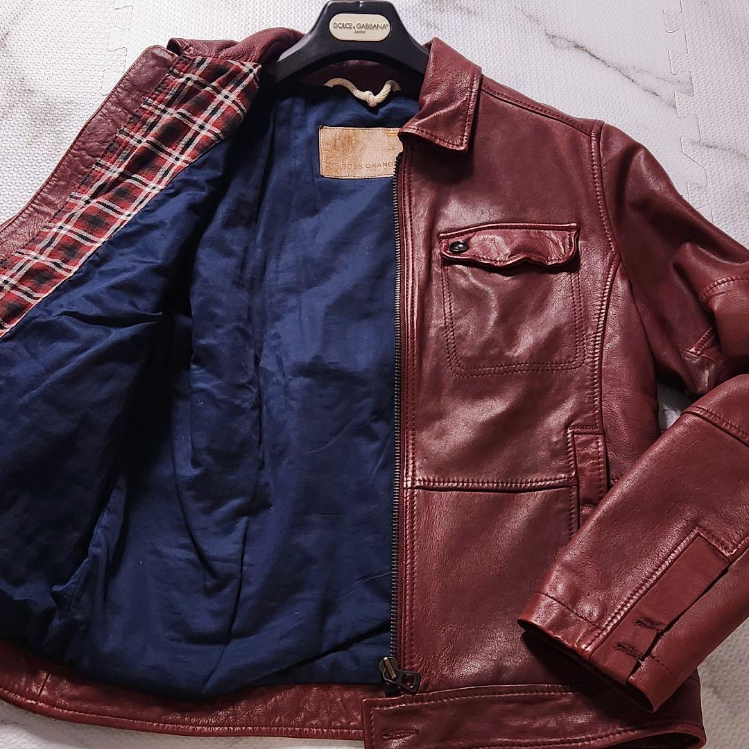 HUGO BOSS ライダースジャケット ラムレザー ボルドー メタルプレート