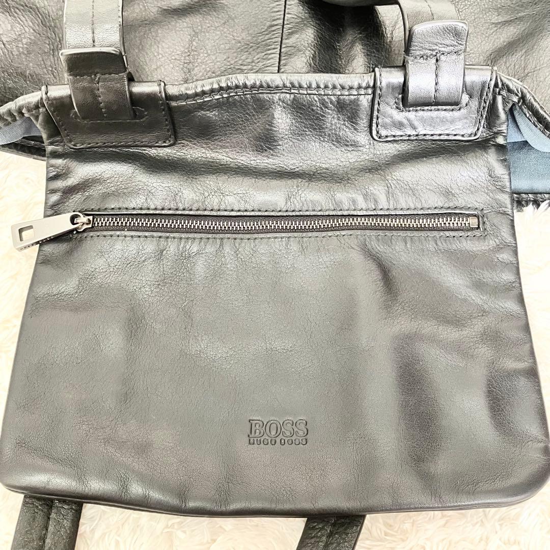 ヒューゴボス メンズ トートバッグ シボ革 ブラック 肩掛け A4収納可