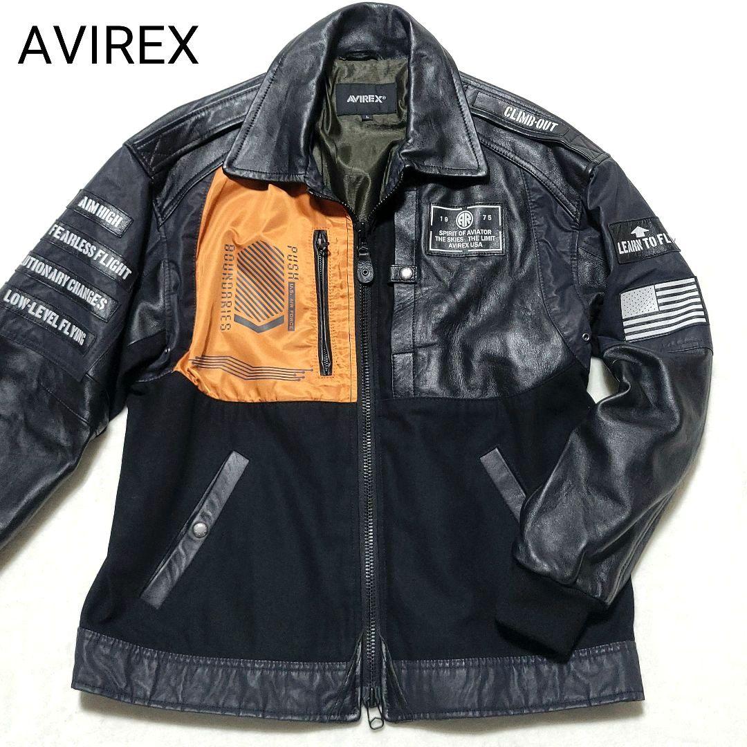【極美品】AVIREX　アーミーメカニックジャケット レザージャケット 羊革 黒 AVIREX（アヴィレックス） アビレックス 羊革ライダースジャケット
