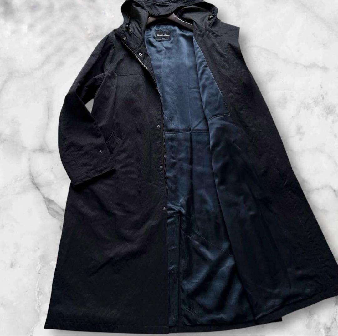 美品✨ジョルジオアルマーニ マキシ丈 フーデッドコート ナイロン ネイビー 52