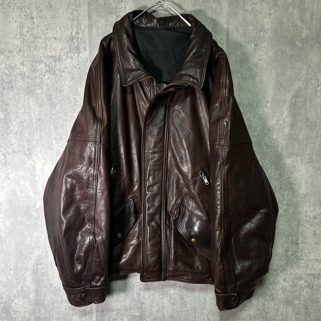 極上 ヘビーウェイト レザー ジャケット 濃茶 ヴィンテージ 本革 肩パッドなし