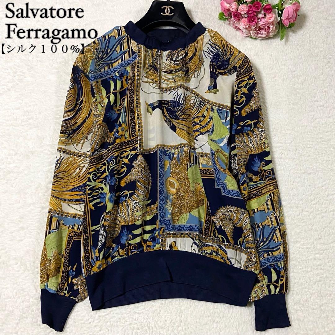 【美品】サルヴァトーレ フェラガモ 総柄 ブラウス ネイビー イエロー Sサイズ