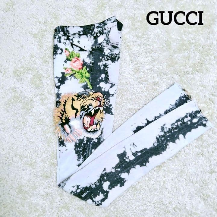 2072 美品 GUCCI ブリーチデニムパンツ ミケーレ期 タイガー 刺繍