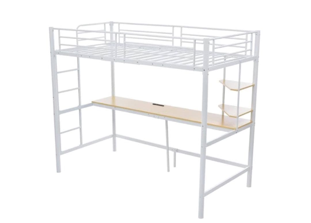 OSJロフトベッド シングル コンセント付き 宮棚 机付き パイプベッド 収納棚