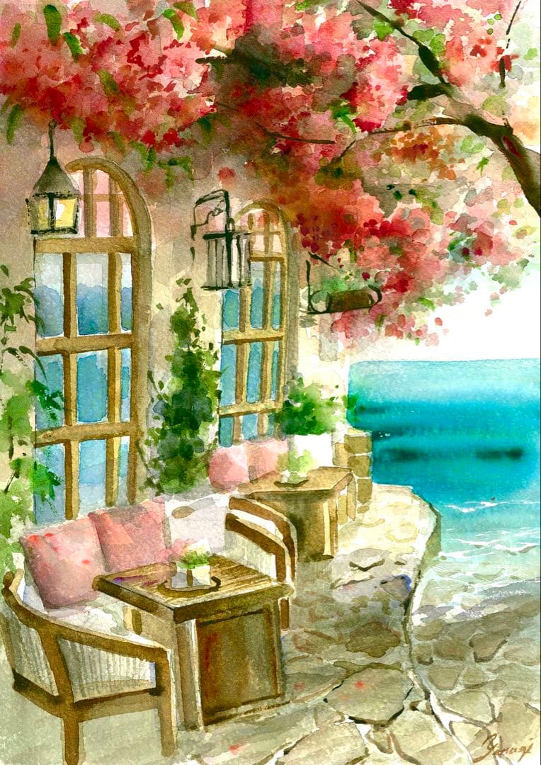 水彩画 原画 海辺のカフェ