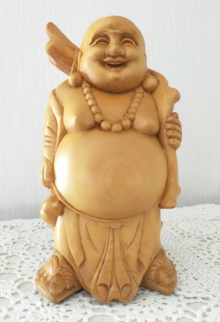 ♥セール天然黄楊（柘植）木　一本木彫り　七福神　布袋尊様立像　手作り仏像　縁起物