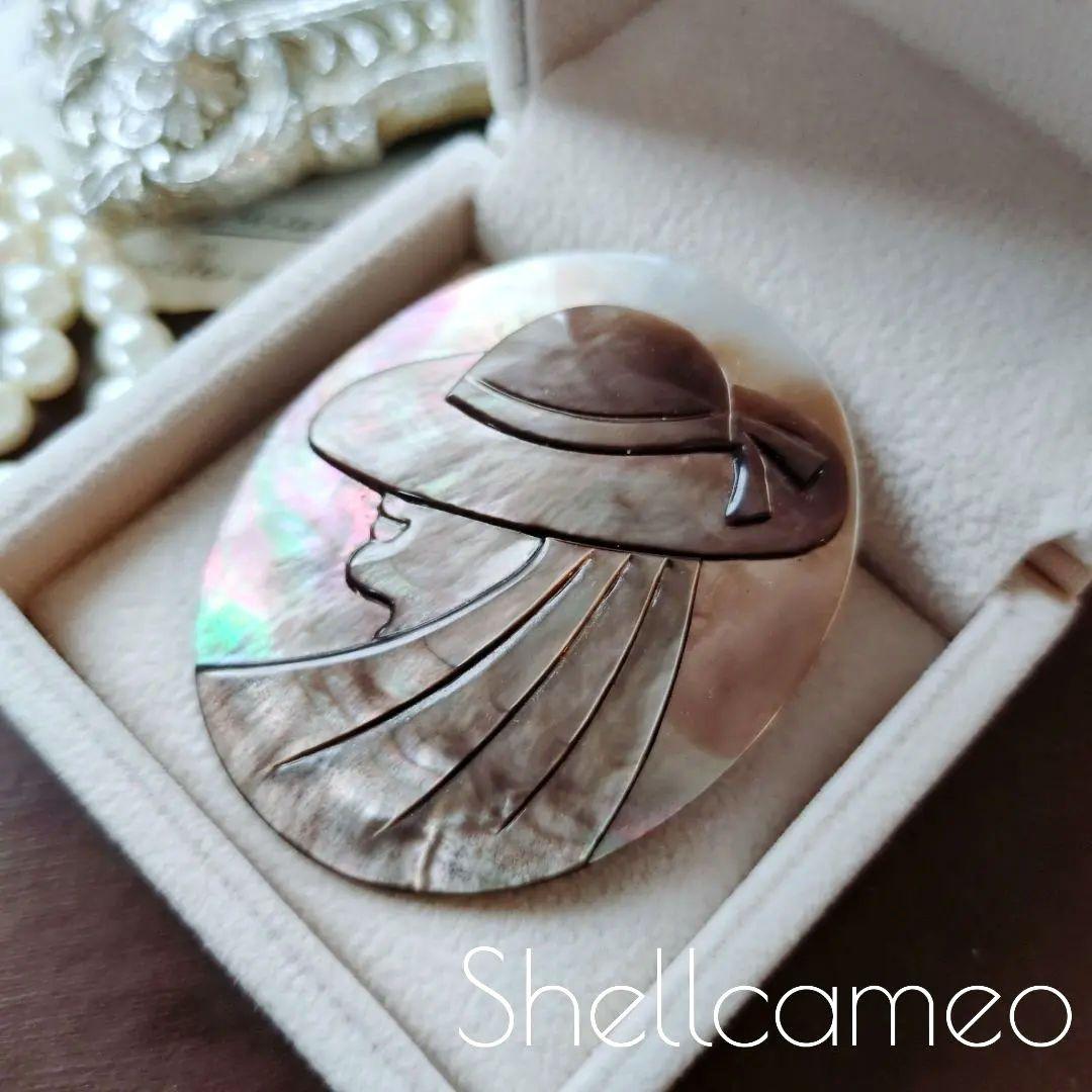 黒蝶貝 貝細工 彫刻 シェル カメオ ブローチ ペンダント 貴婦人 女性