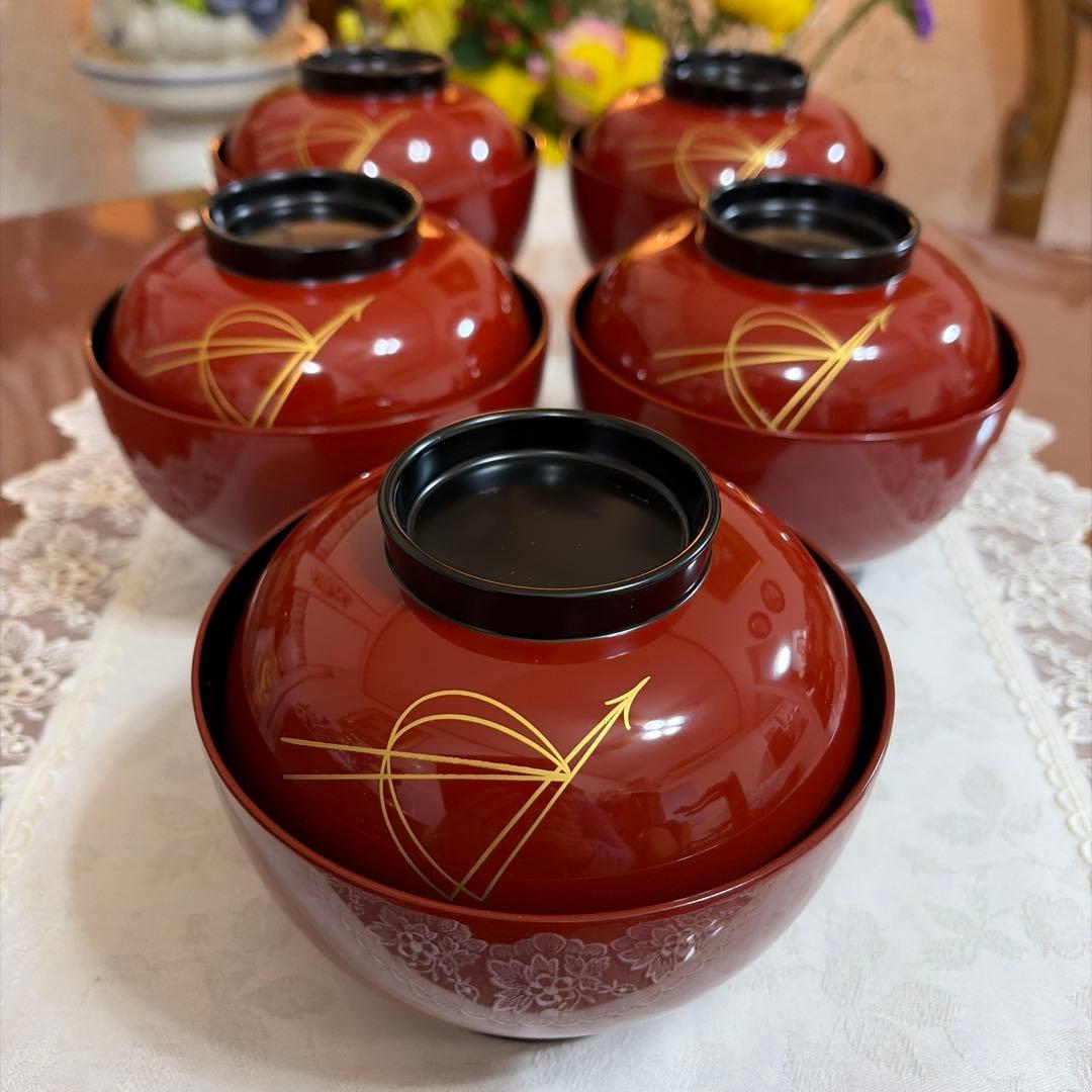 輪島　うるし工芸　米永　蓋付雑煮椀　小どんぶり　5客セット　未使用 輪島塗 蘭蒔絵吸物椀 5客セット うるし工芸 米永 箱付 13372