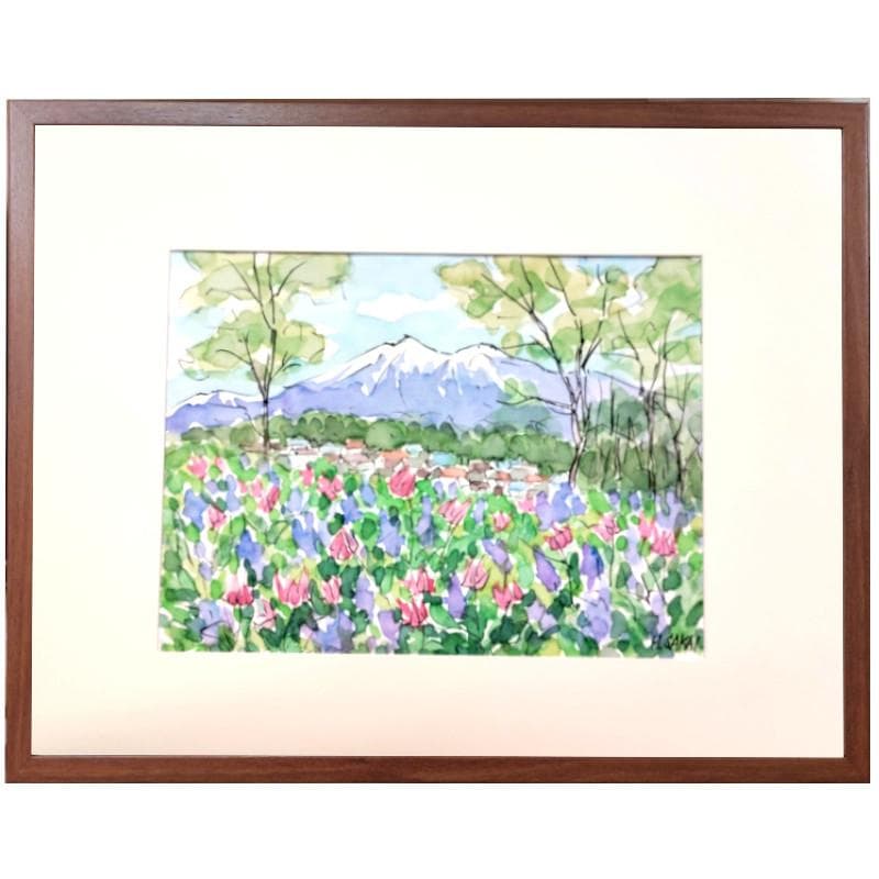 ☆ 境　肇 ☆「カタクリとエゾエンゴサクの見えるニセコ連峰」水彩画新品額！