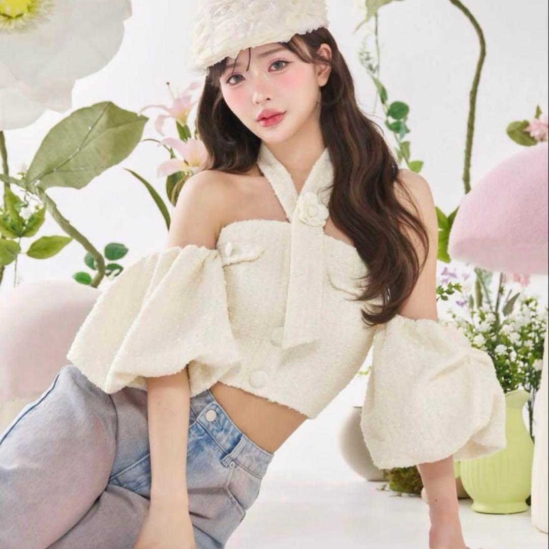 Darich ホルターネックオフショルツイードトップス WHT