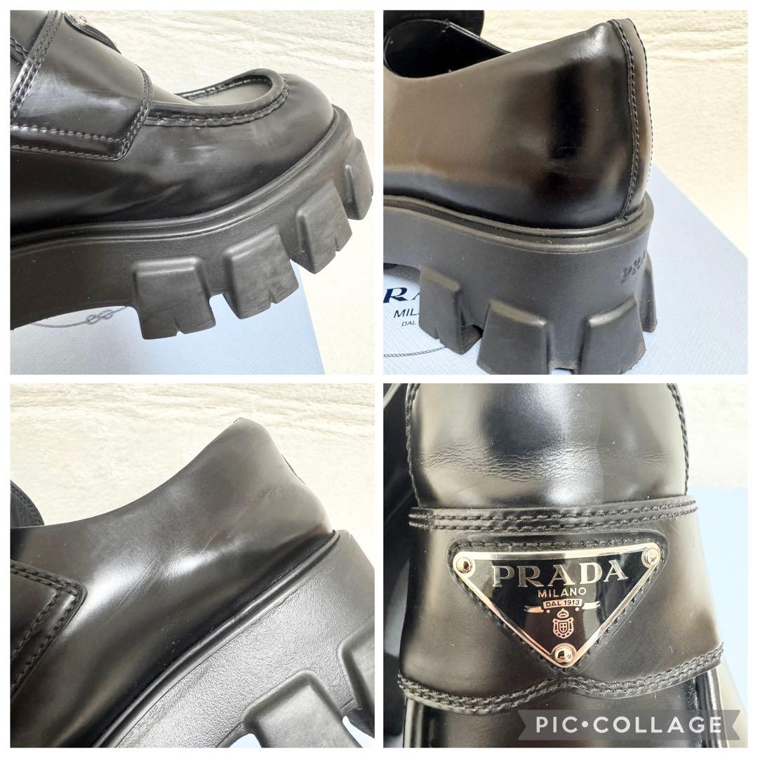美品 プラダ ローファー モノリス 三角ロゴ ブラッシュドレザー 厚底