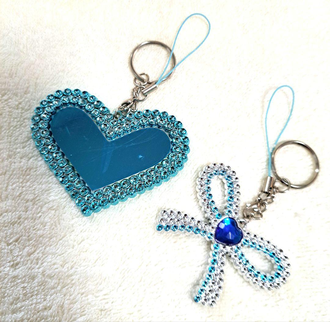 平成レトロ】 キラキラ ハート リボン キーホルダー セット ブルー