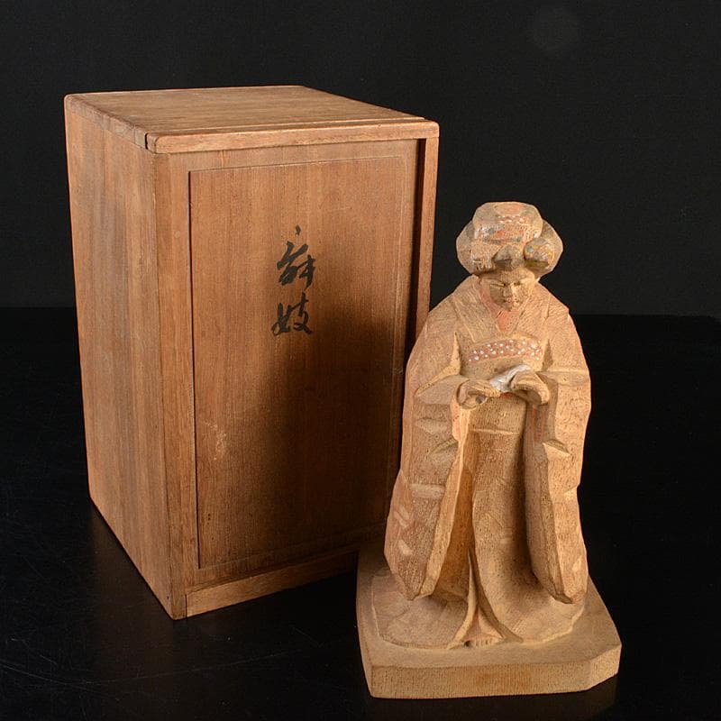 平安　野呂天潤作　木彫彩色　舞妓　置物　共箱　V　R6596