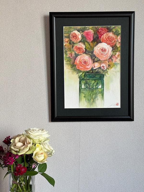 水彩アート「花と緑の花活け」1点物、手描き、真筆。