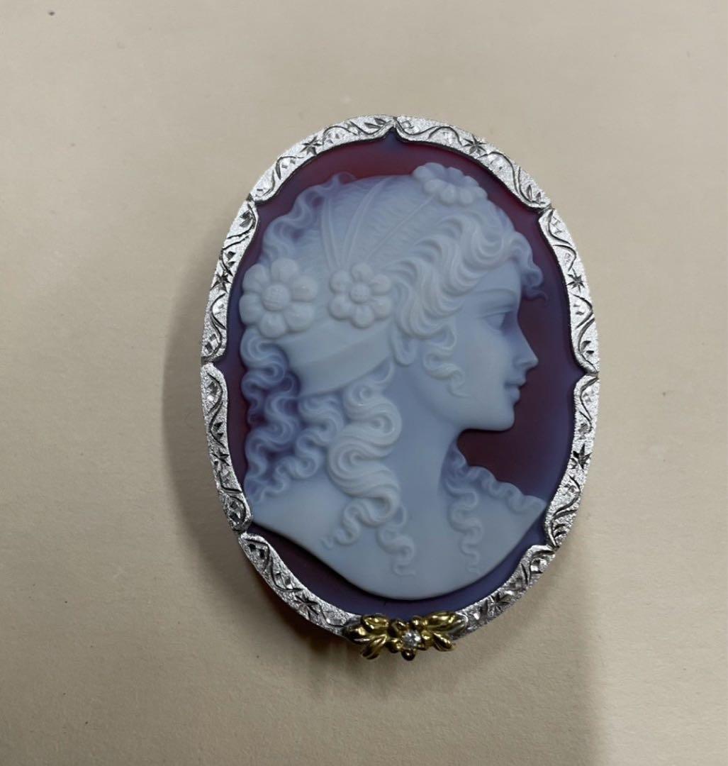 オ*ー様 Ｋ１８　SV９２５　メノーカメオ　ダイヤモンド付き　ブローチ　ペンダン