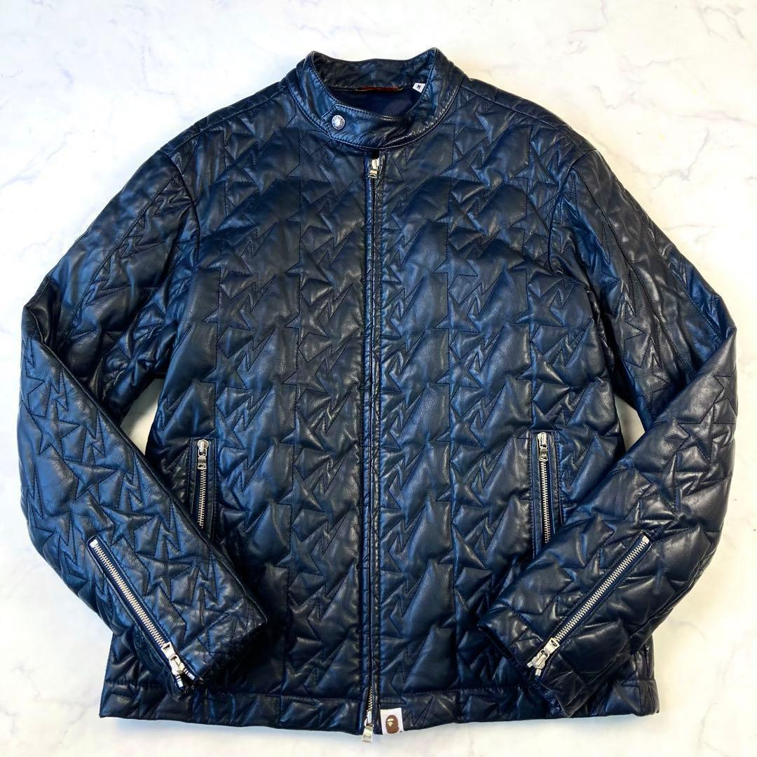 極希少 アベイサングエイプ レザー キルティング ダウン ジャケット ネイビー 極希少 アベイサングエイプ レザー キルティング ダウン ジャケット