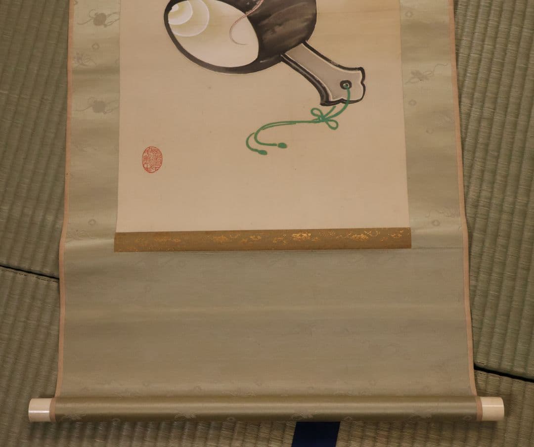 模写】日本画 七尾英鳳 鼠小槌図 絹本 掛軸 昭和期 表装宝尽くし MB10