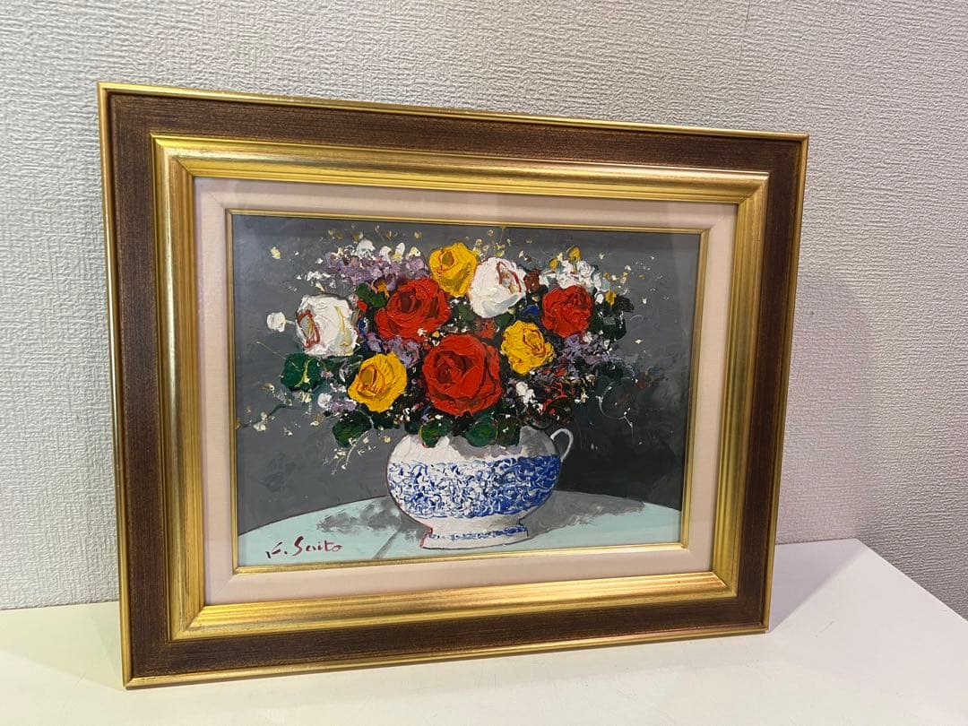 【希少】斎藤要 油絵 ばら 額付き 油彩画 絵画
