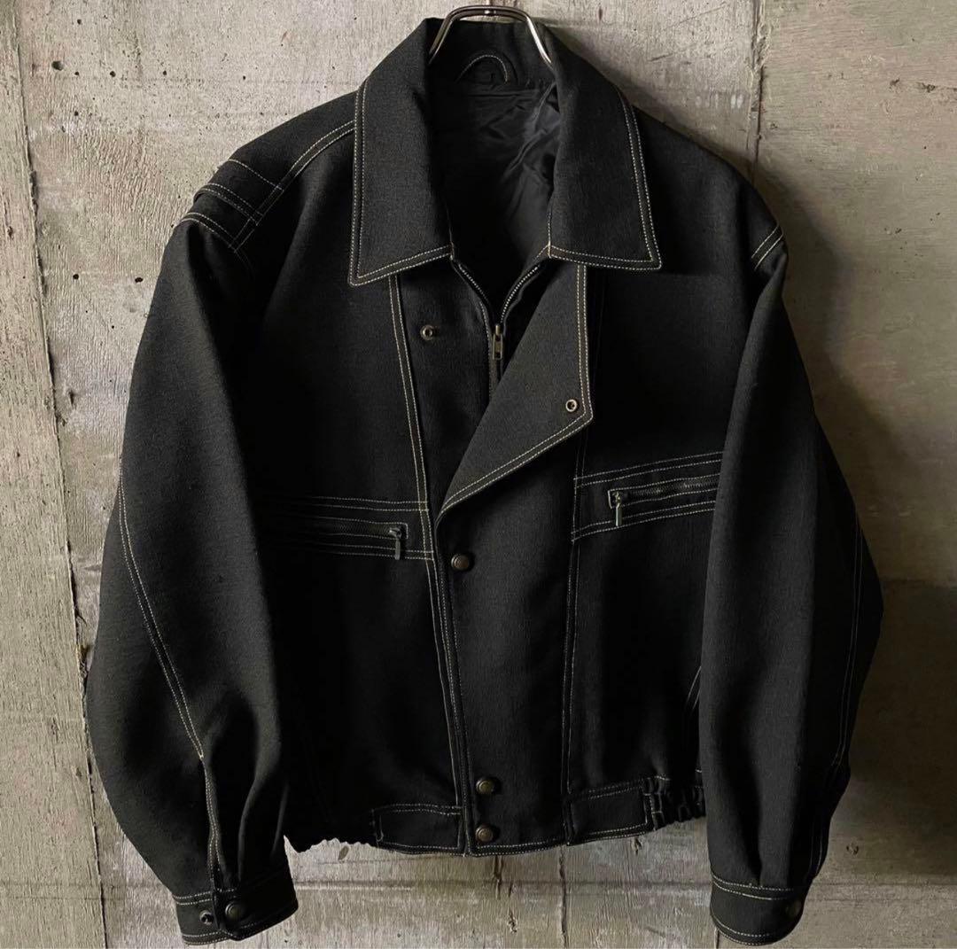 レトロ 古着 ステッチ デザイン ブラック 短丈ブルゾン ジャケット ノームコア セール】Synthetic leather short blouson / 合成皮革ショート丈