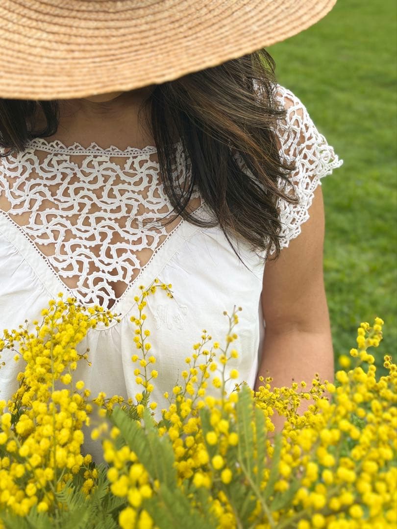 ◆フランスアンティーク｜手編みレースのナイトドレス、リネンワンピース、ネグリジェ