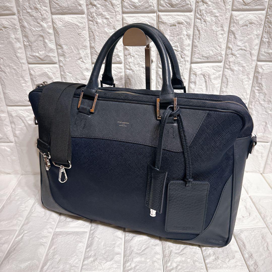 極美品 ペッレモルビダ ビジネスバッグ 2way レザー ネイビー A4収納可能