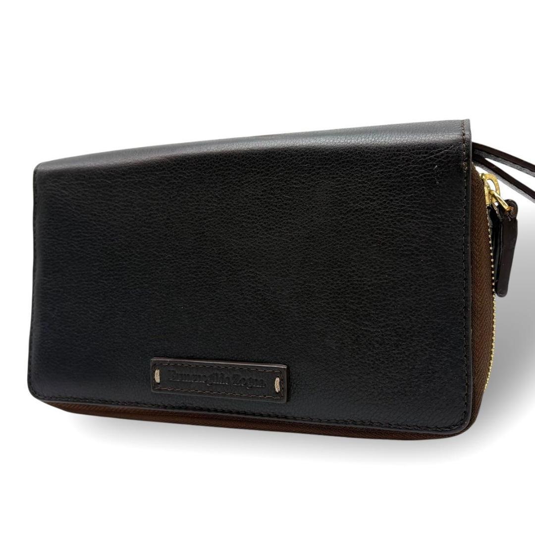 美品 エルメネジルドゼニア　オーガナイザー　長財布　ラウンドファスナー　ブラウン ドンドン見直し】良品○Ermenegildo Zegna エルメネジルドゼニア