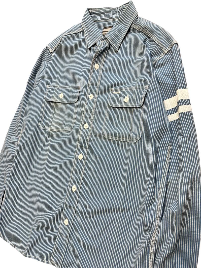 希少！桃太郎ジーンズ 対戦 ヒッコリー ストライプ長袖オープンシャツ 40(L) 希少！桃太郎ジーンズ 対戦 ヒッコリー ストライプ長袖オープンシャツ