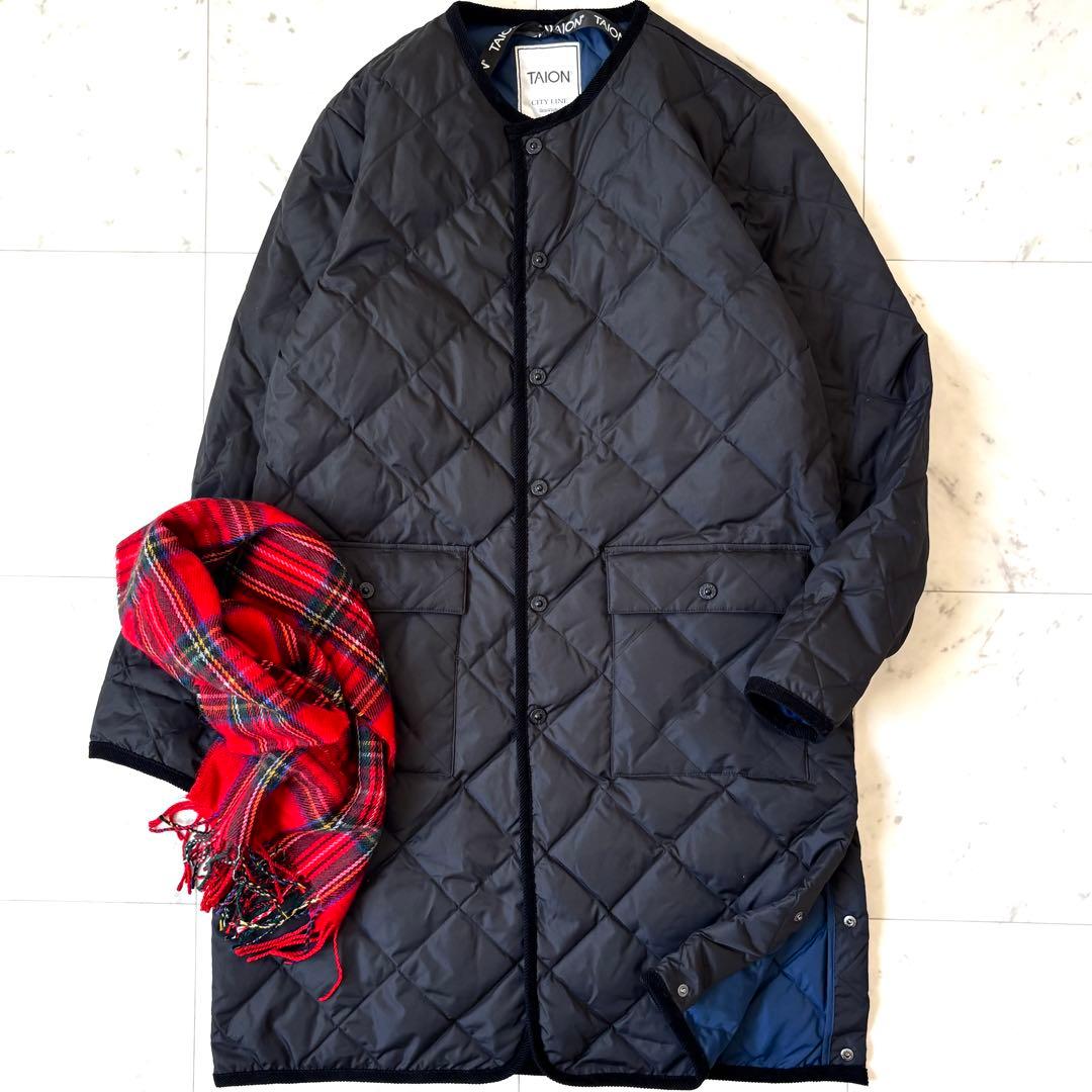 タイオン　パイピングノーカラーキルティングコート　コーデュロイ　ロゴボタン