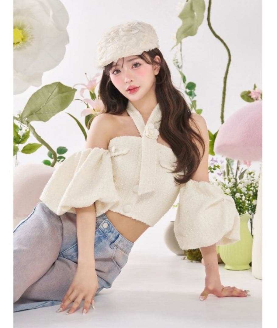 Darich ホルターネックオフショルツイードトップス ホワイト