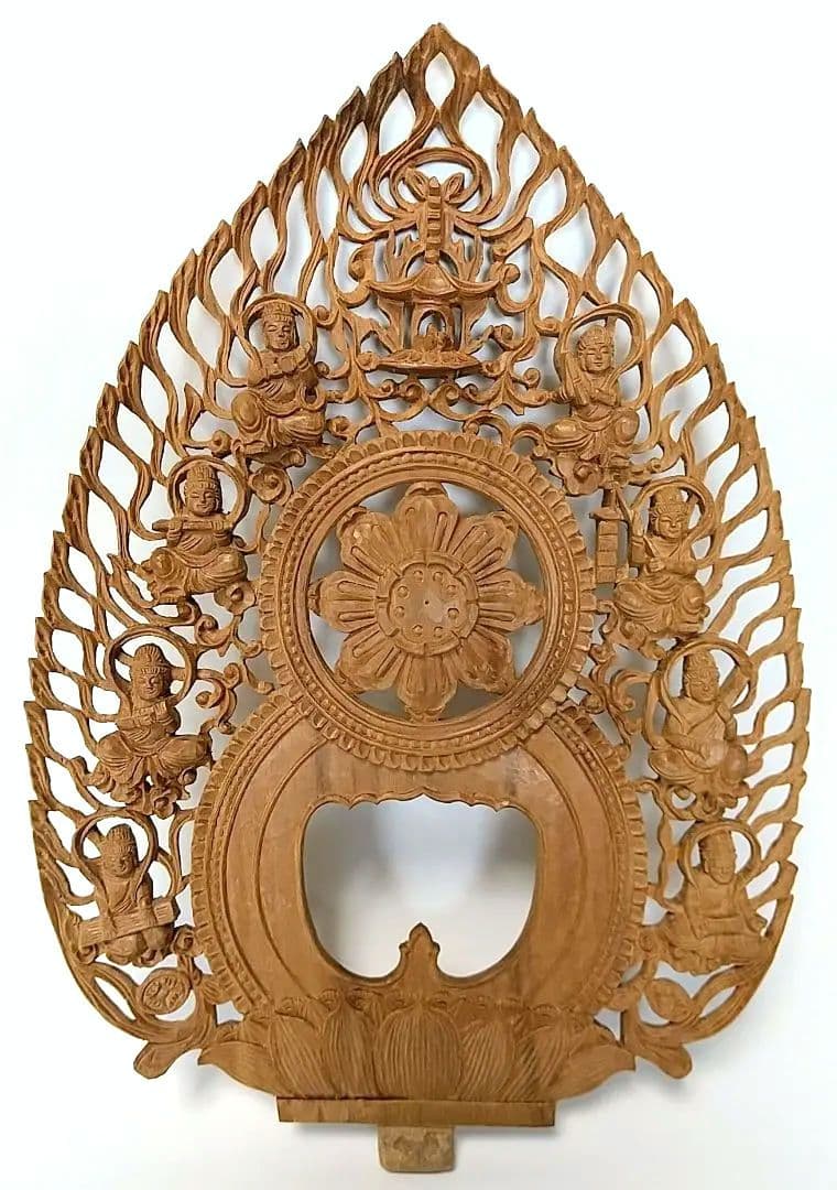 光背(3寸坐像用)#417透し彫 奏楽飛天 宝塔 ◆白檀 木彫 仏像付属品 木彫り仏像 【千手観音菩薩】 白檀（びゃくだん） 飛天光背八角台 坐