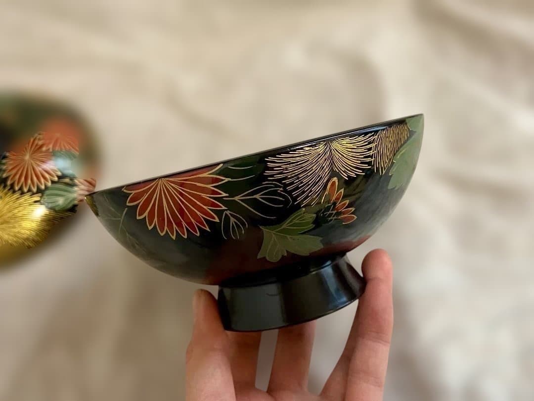 輪島塗 黒塗 菊詰沈金花蒔絵 蓋付椀 2客 / 懐石椀・蒔絵椀・雑煮椀