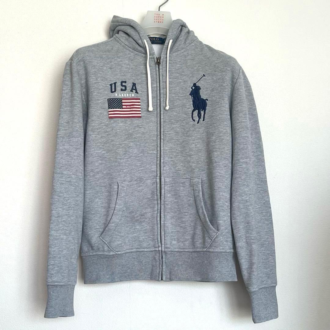 ラルフローレン ビッグポニーフルジップパーカー グレー S 星条旗 裏