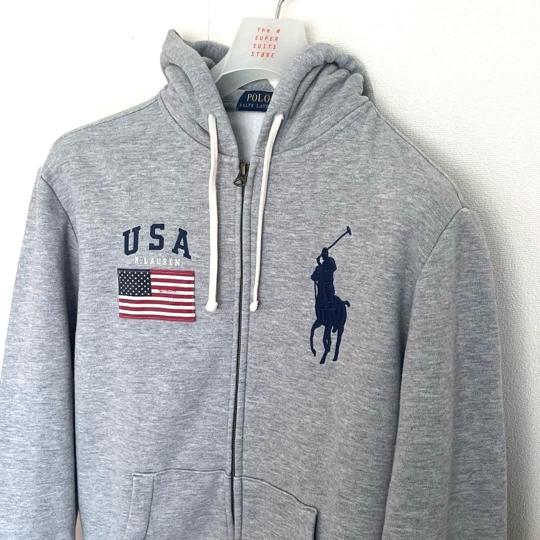 ラルフローレン ビッグポニーフルジップパーカー グレー S 星条旗 裏