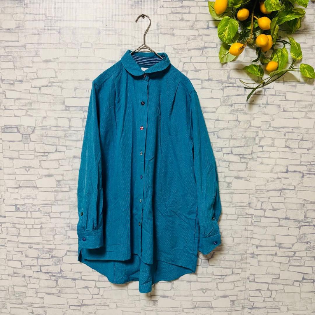 ギエモン　久留米かすり　長袖シャツ　ターコイズブルー　日本製　カラフルボタン　L