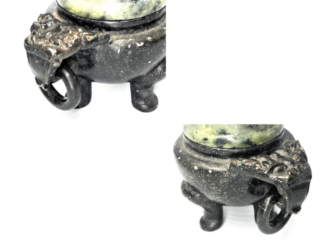 三つ足蝋石香炉 】 避邪双耳獅子蓋 中華古玩 蝋石彫刻