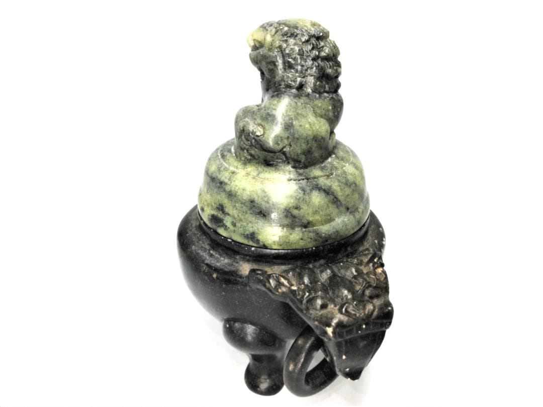 三つ足蝋石香炉 】 避邪双耳獅子蓋 中華古玩 蝋石彫刻