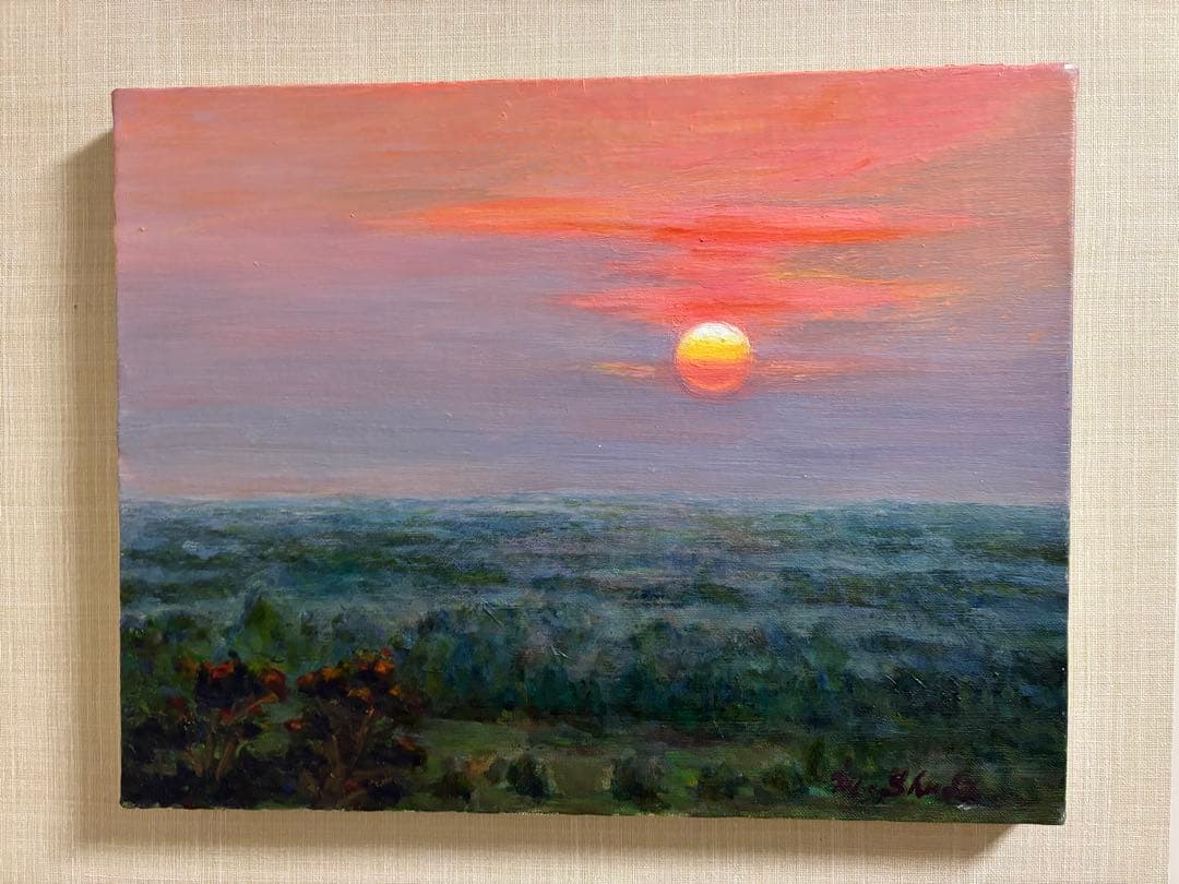 油彩原画 カンボジアの森の夕日　F 6号