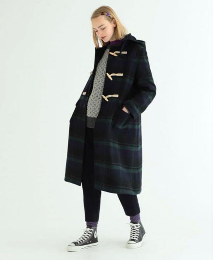 BEAMS BOY. ネイビー系チェック ダッフルコート　ロング