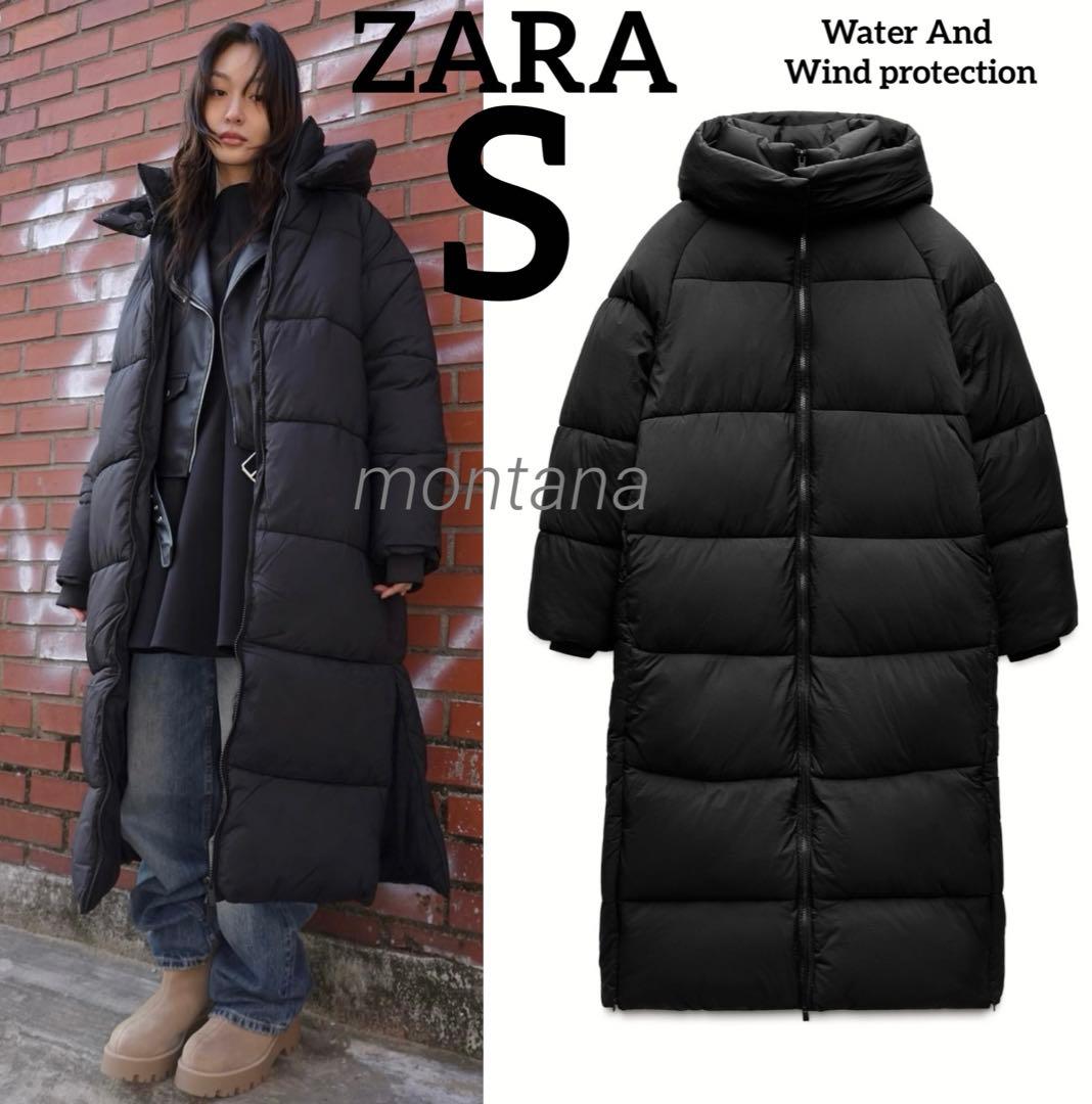 新品 2024aw ZARA 撥水 耐風 フード ロング ダウンコート S 黒 - メルカリ