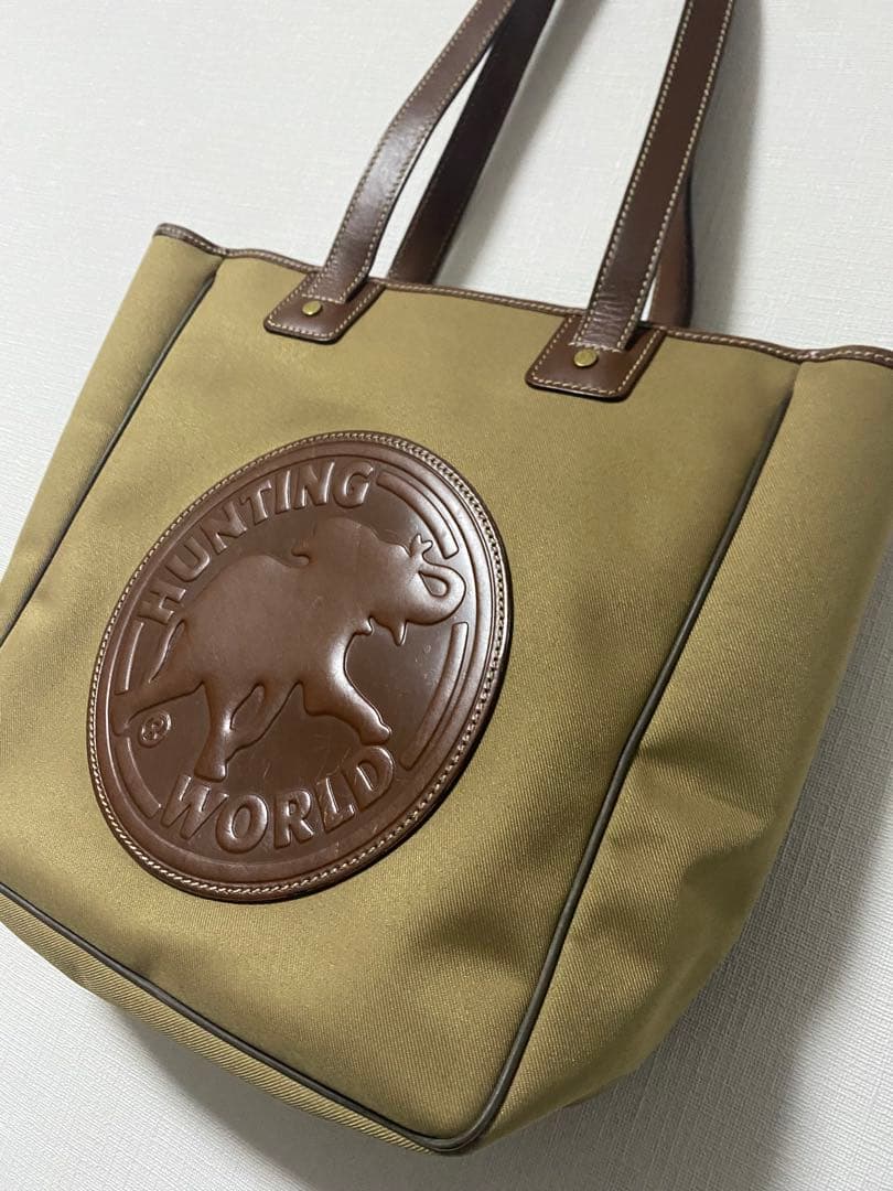ハンティングワールド　トートバッグ　サファリ　カーキ　キャンバス 革　A4可