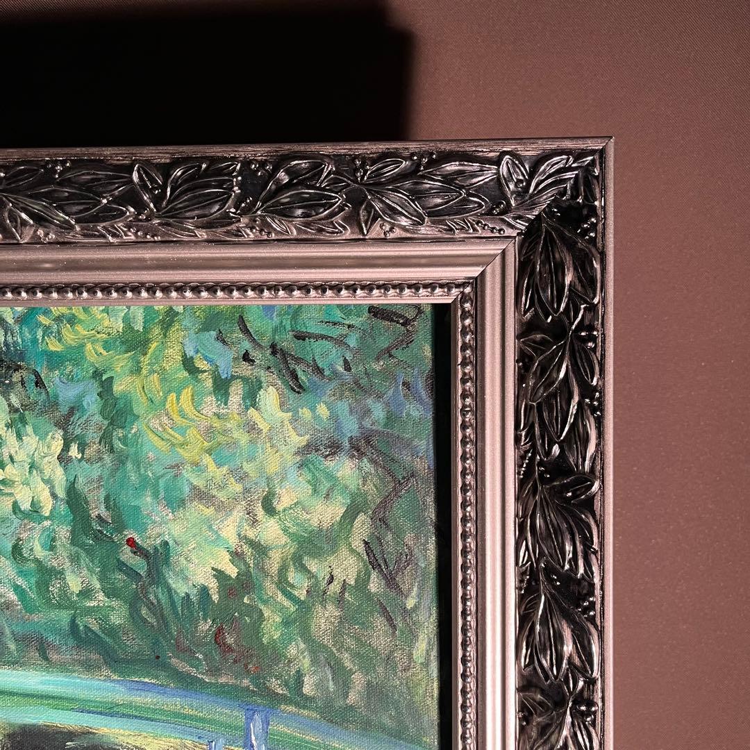 ☆秀作☆ 手書き油絵 クロード・モネ 睡蓮 日本の橋 額付 肉筆絵画