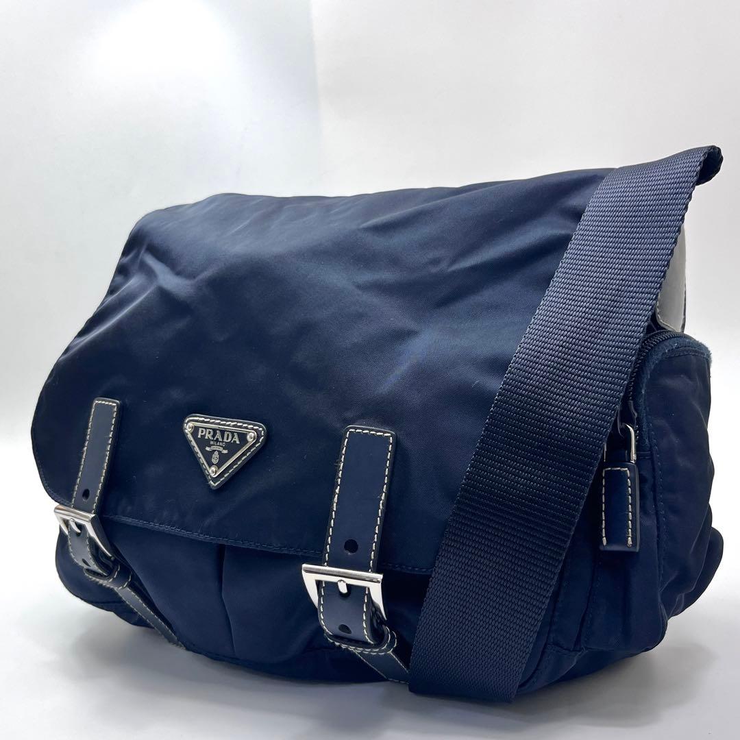 PRADA プラダ メッセンジャーバッグ 三角ロゴ ナイロン レザー ネイビー